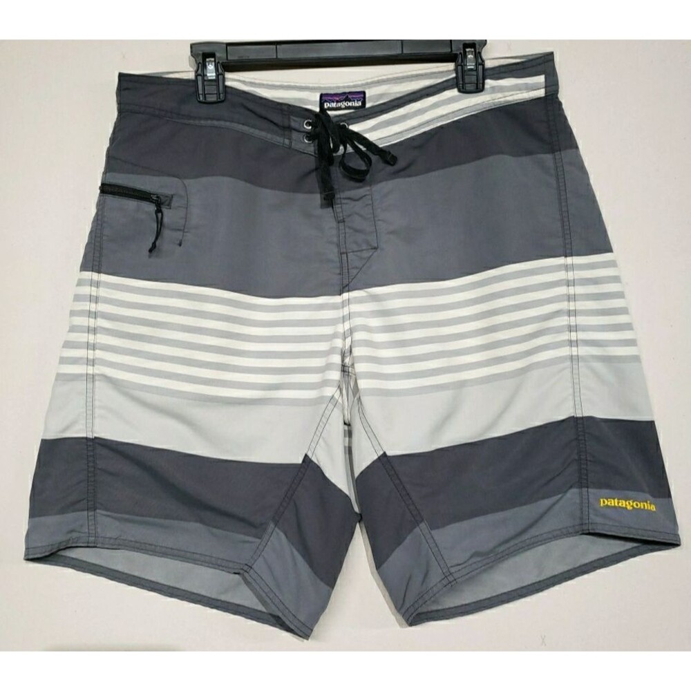 Patagonia Board Shorts Men's Size 36 Gray Striped Wavefarer Swim Trunks Surf